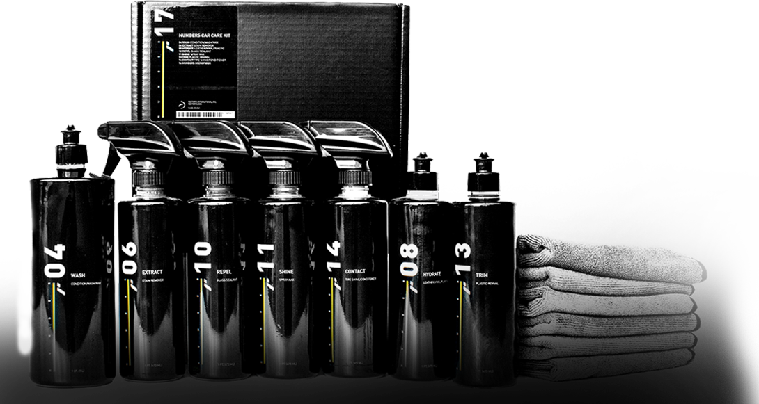 Editorial shot of Numbers by RestorFX 17 Car Care Kit product bottles, microfibers and kit box